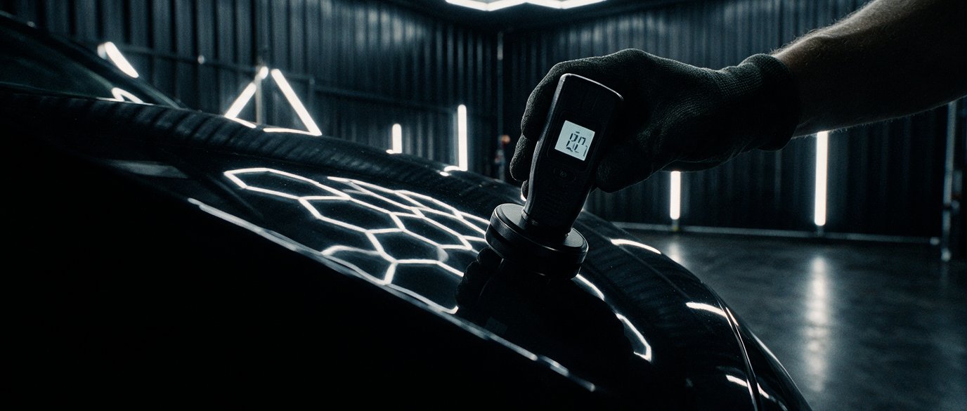 Measuring paint depth on a black bonnet