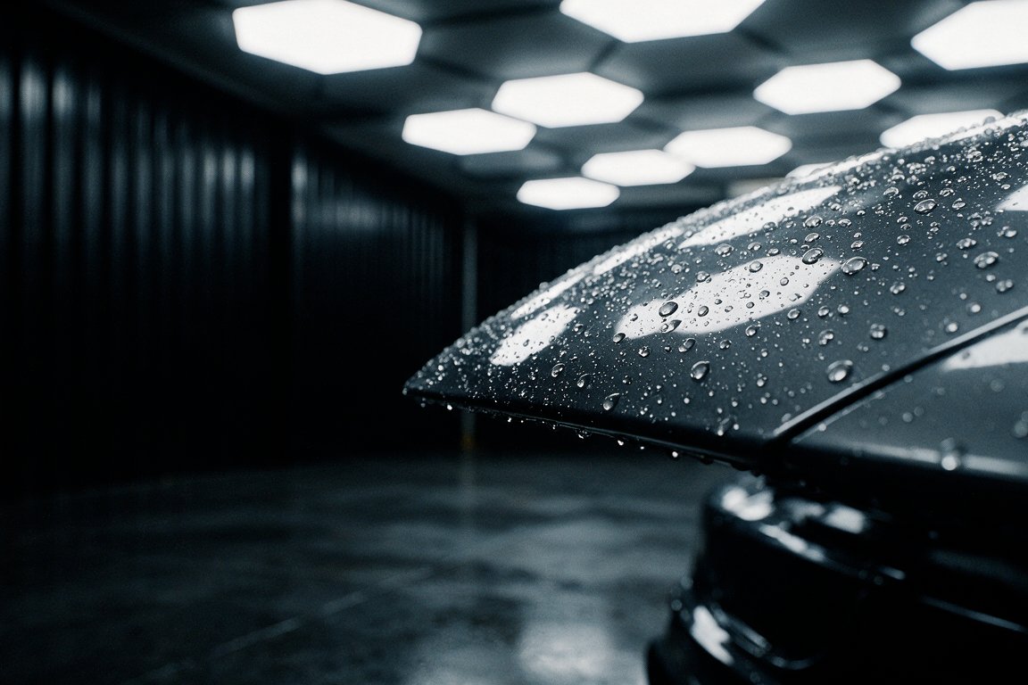 Water beading tightly across a freshly coated dark paint surface