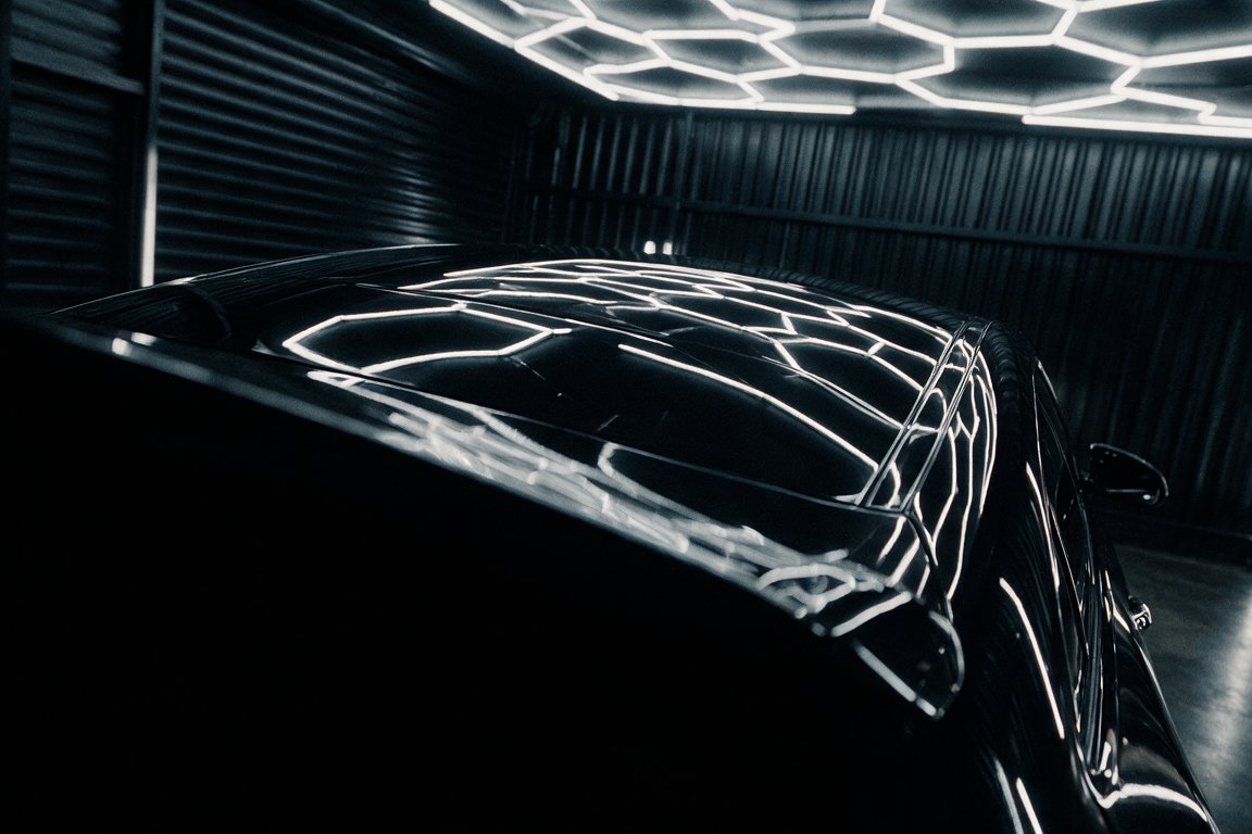 Detail of a film edge tucked into a panel shut line