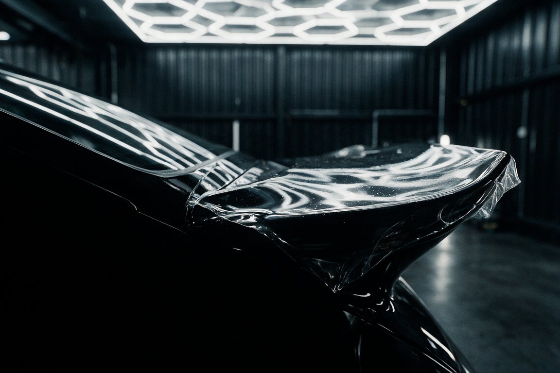 Close crop of a protected car panel reflecting workshop lighting