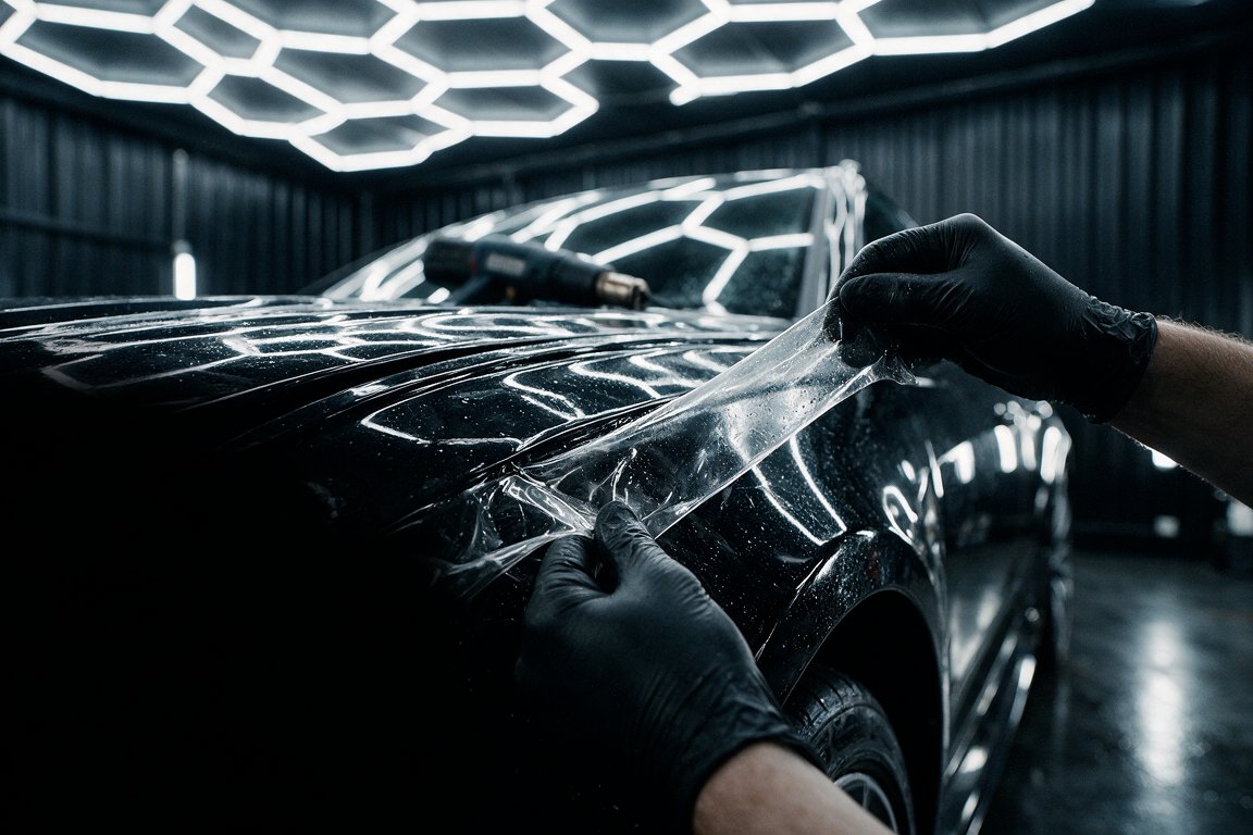 Paint protection film being formed by hand around a car body line
