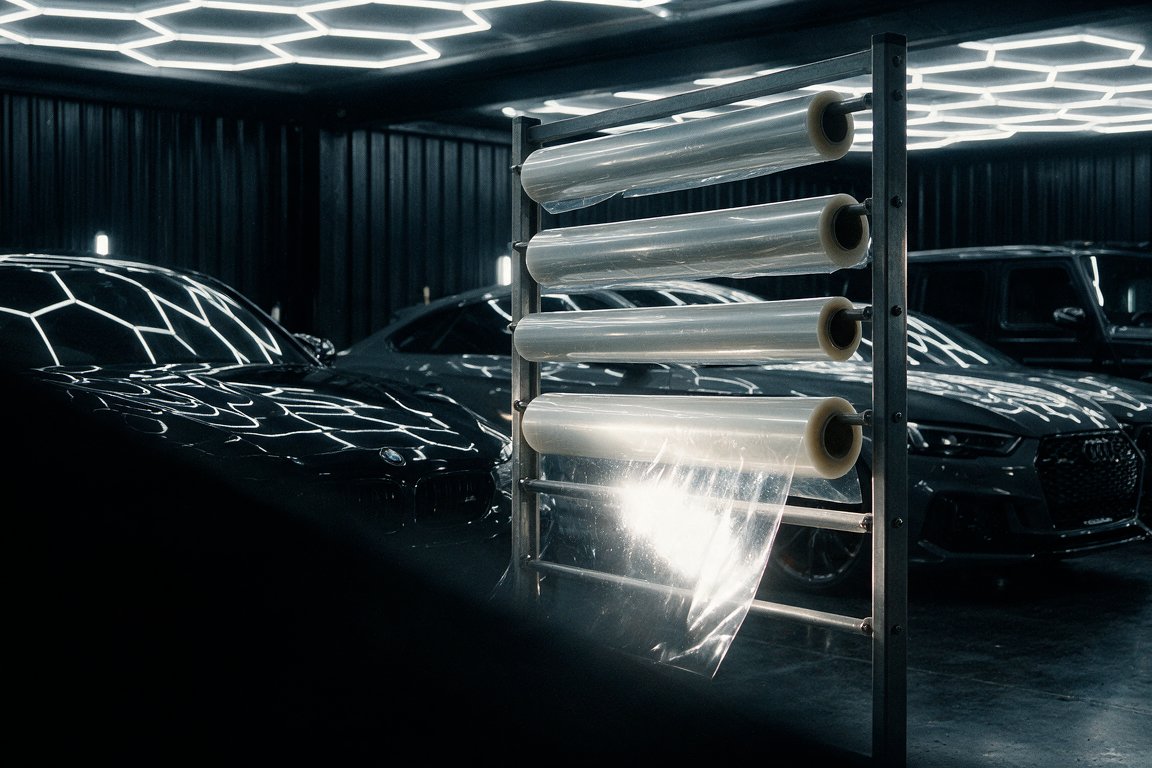 Rolls of protection film in a dark workshop