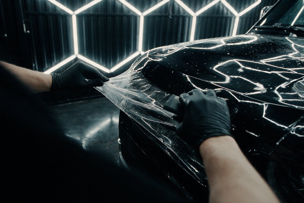 Detail of hands working film across a dark car panel