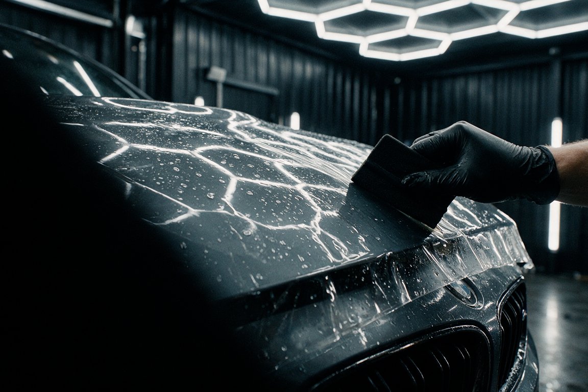 A squeegee mid-stroke across paint protection film on a dark panel