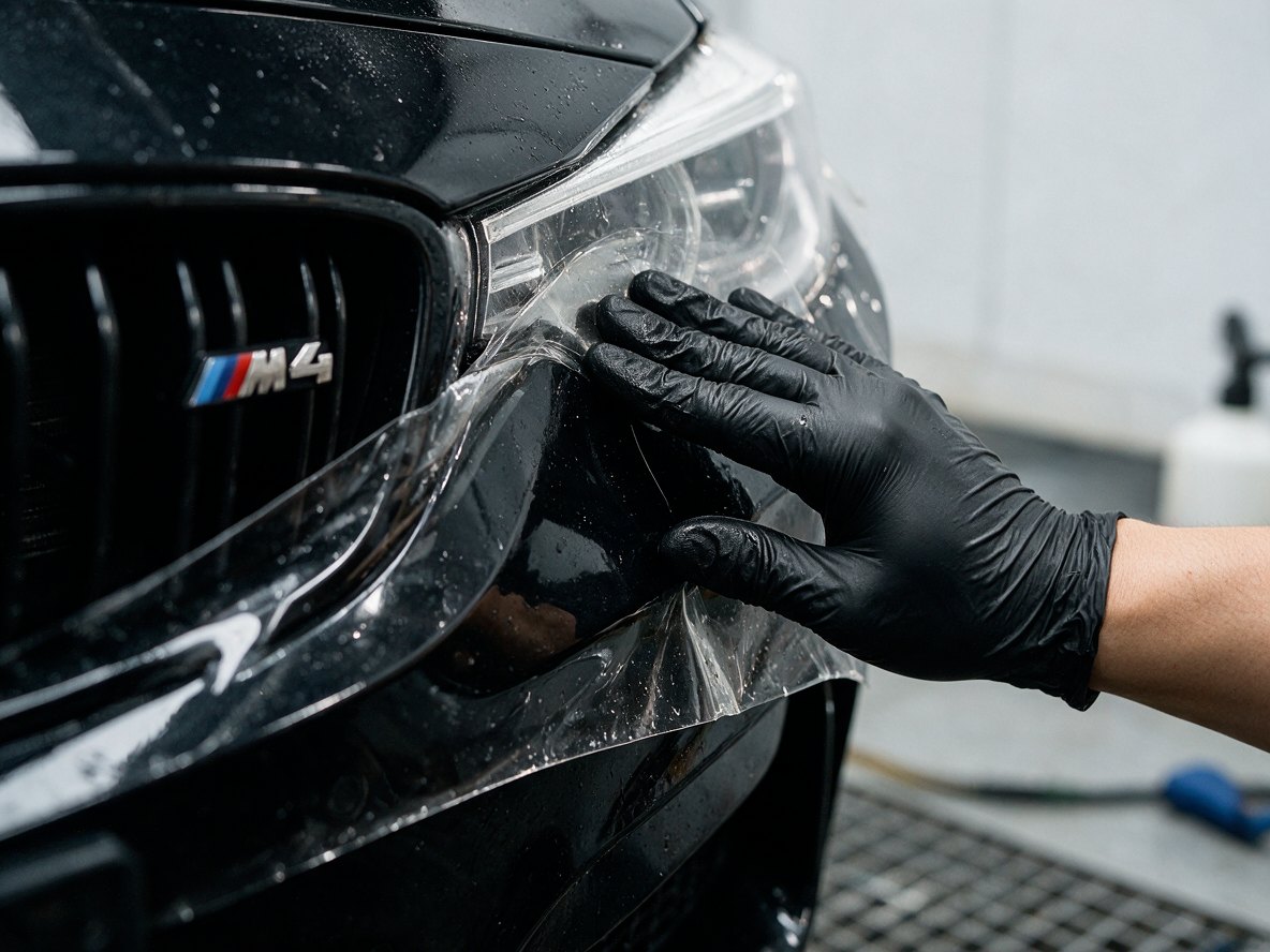 Paint protection film pressed onto a front bumper corner